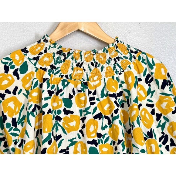 ODDY Womens Size 1XL Lemon Yellow Floral Print Blouse Puff Sleeves Spring Summer - Picture 4 of 10